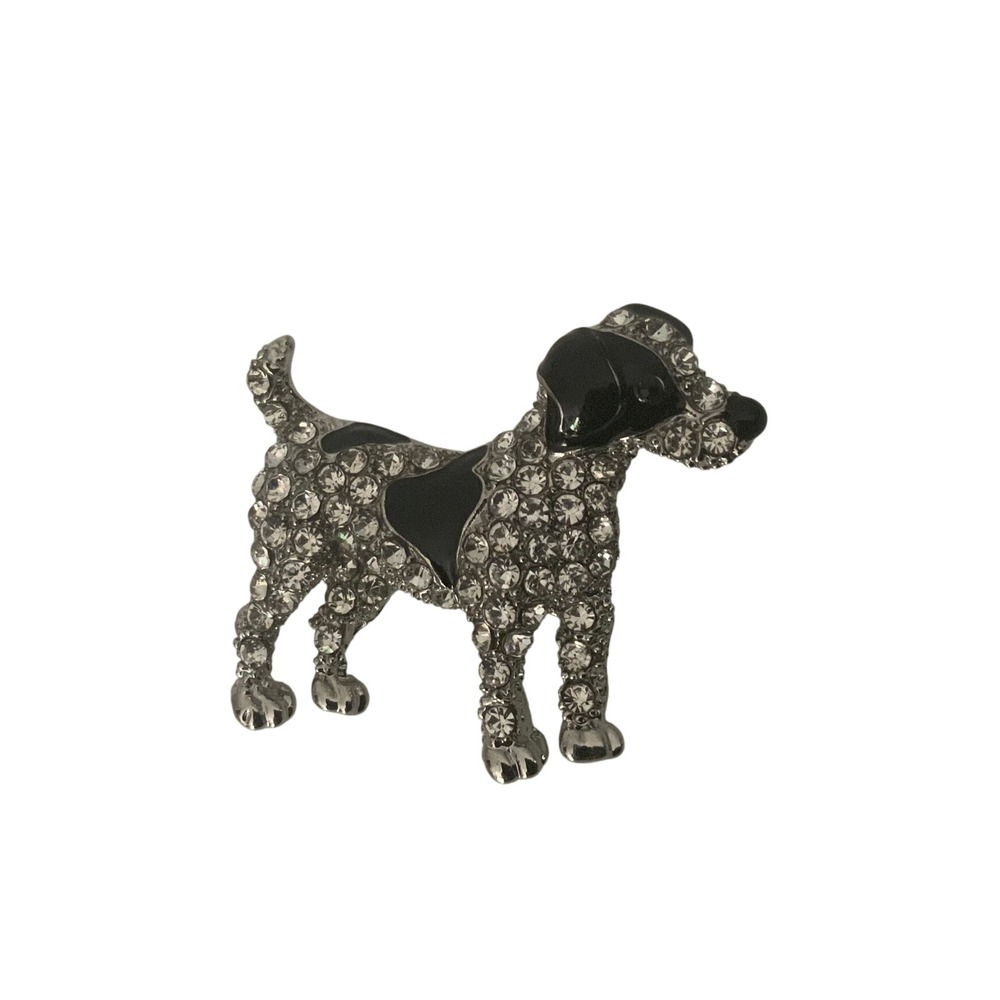 Rhinestone Dog Brooch Silver Tone Black Enamel Terrier Puppy Pin Sparkly Pet